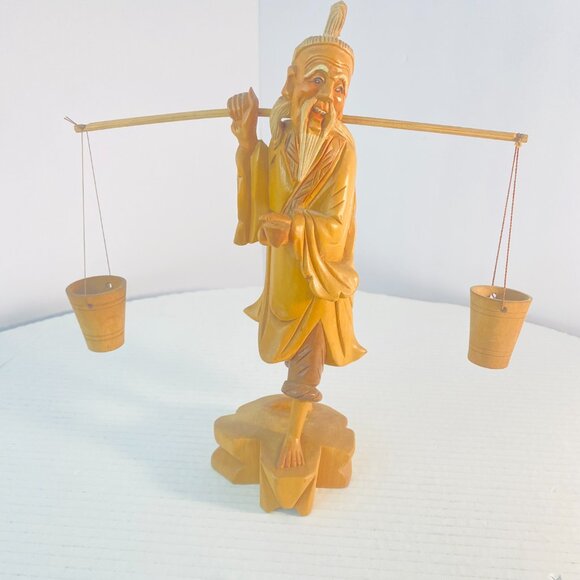 Vintage Hand Carved Wooden Asian Carrying Water Figurine Chinese Sculpture 10" - Picture 4 of 16